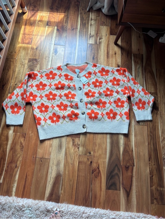 Maeve Sweaters - Maeve Cream Cardigan with Bright Orange Floral Knit